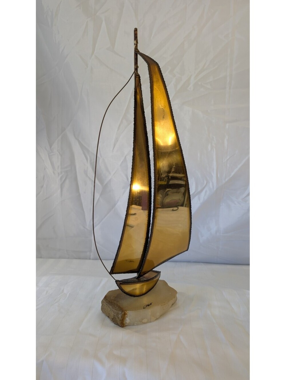 Vtg 21" John DeMott Signed Brass Sailboat Sculpture Natural Onyx Base Brutalist